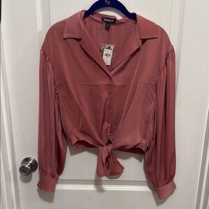 Express Pink Long Sleeve Tie Front Blouse
